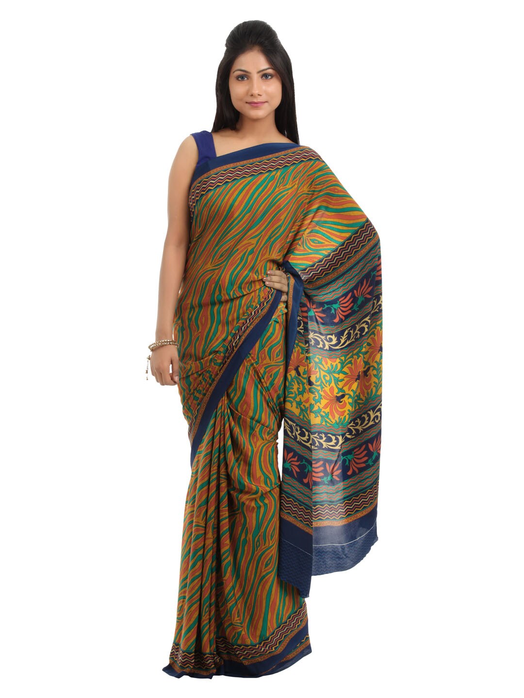 Prafful Mustard Crepe Printed Sari