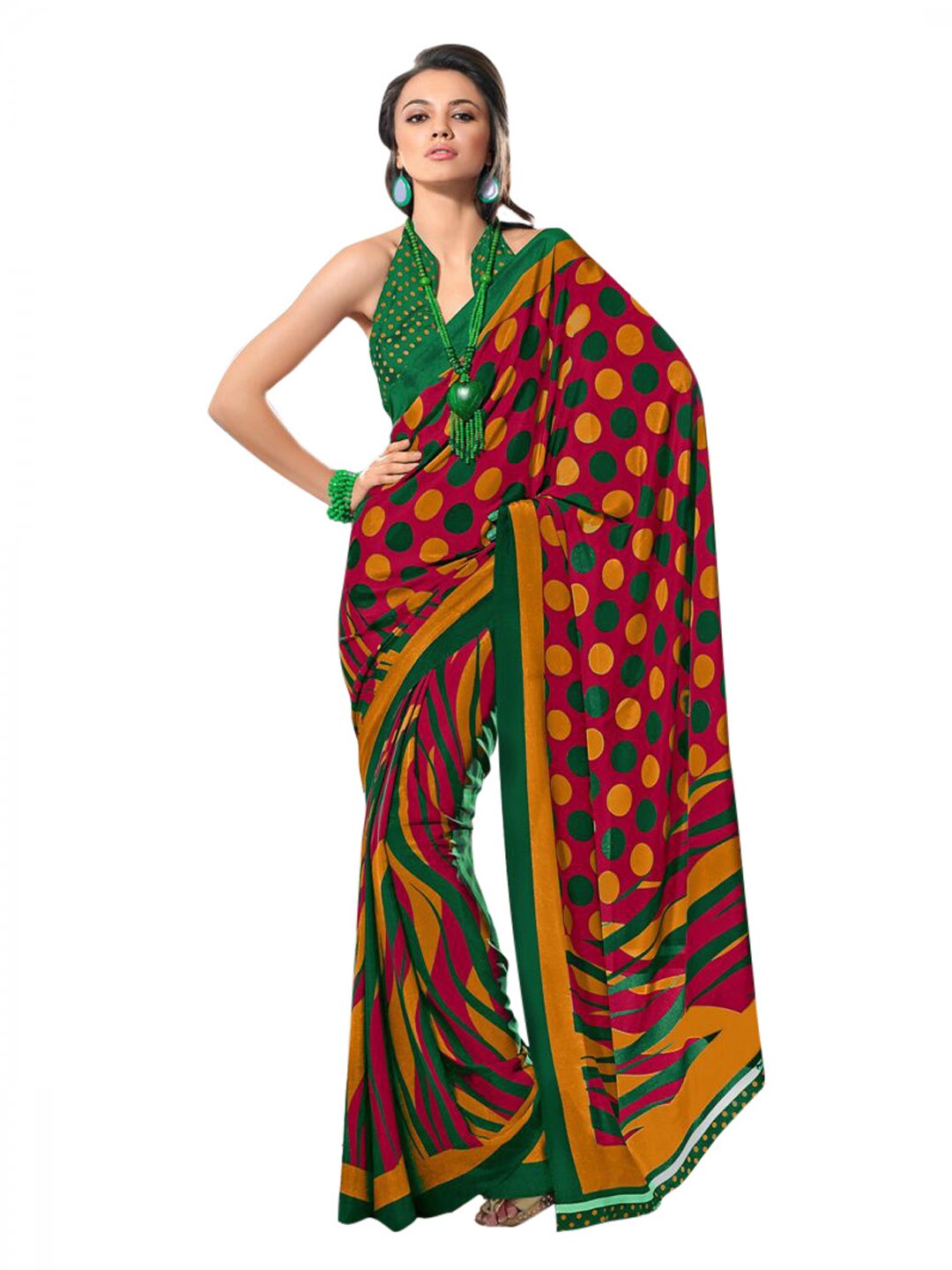 Prafful Green & Maroon Printed Sari