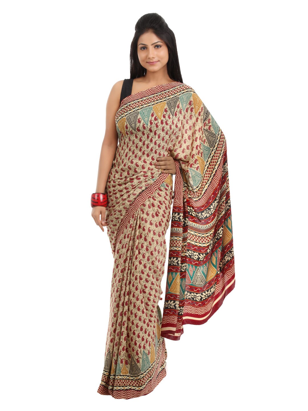 Prafful Beige & Red Crepe Printed Saree