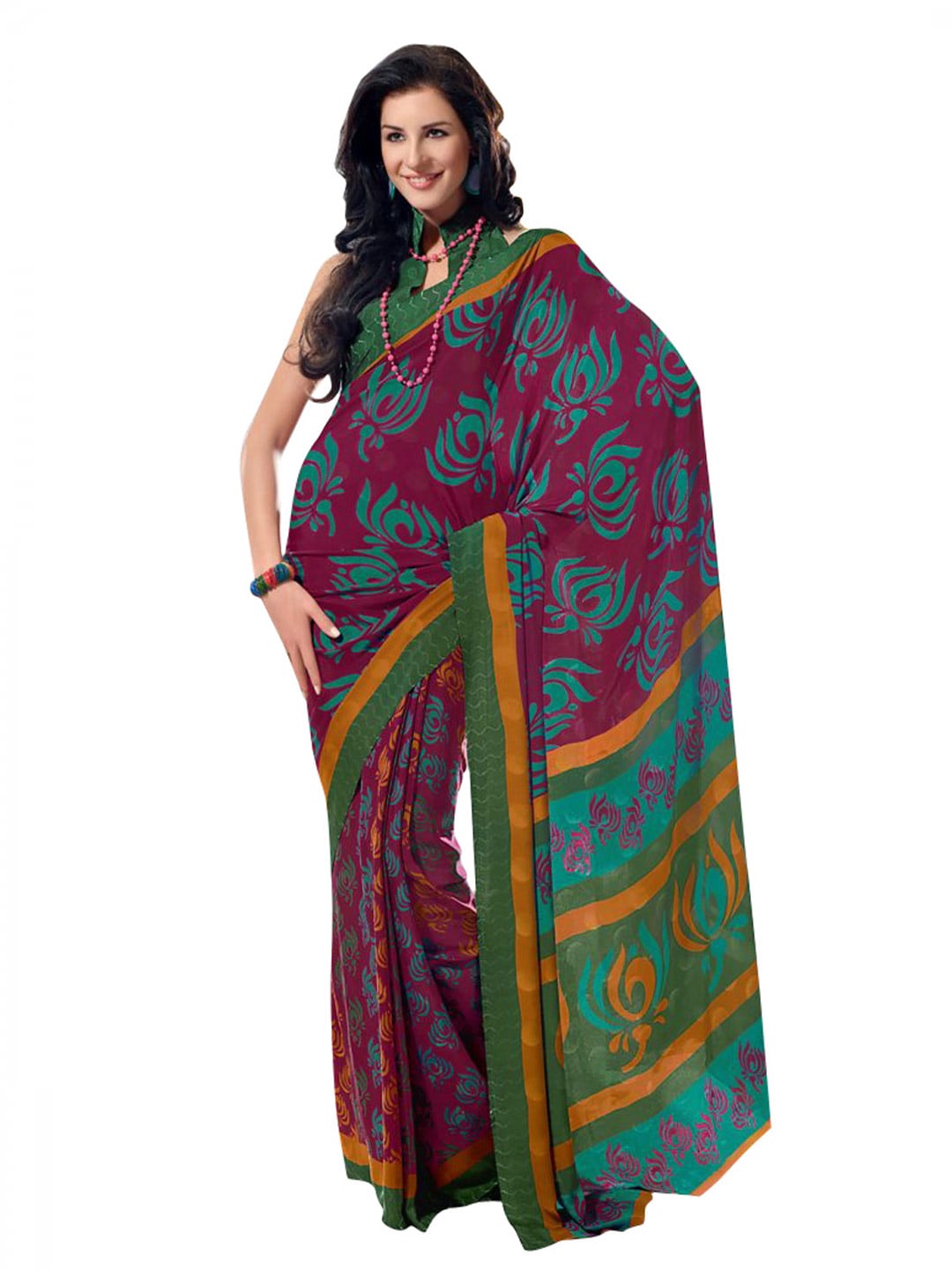 Prafful Purple & Green Crepe Printed Sari