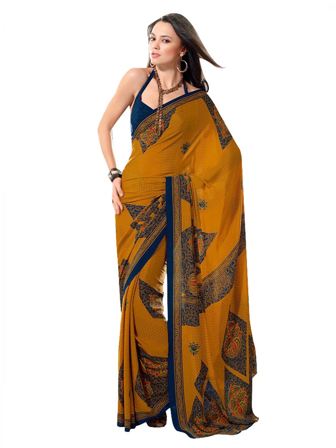 Prafful Mustard & Navy Blue Crepe Sari