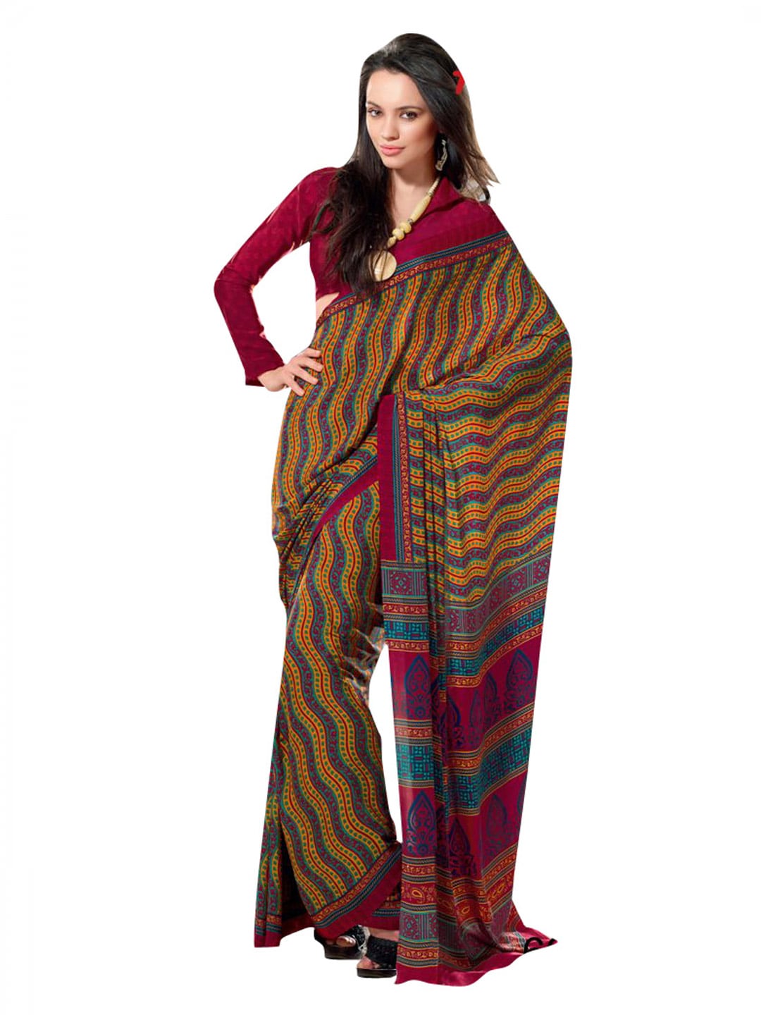 Prafful Yellow & Maroon Printed Sari