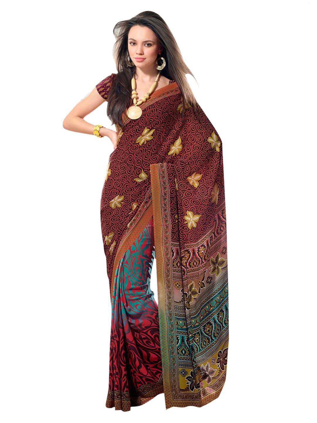 Prafful Red & Green Printed Sari