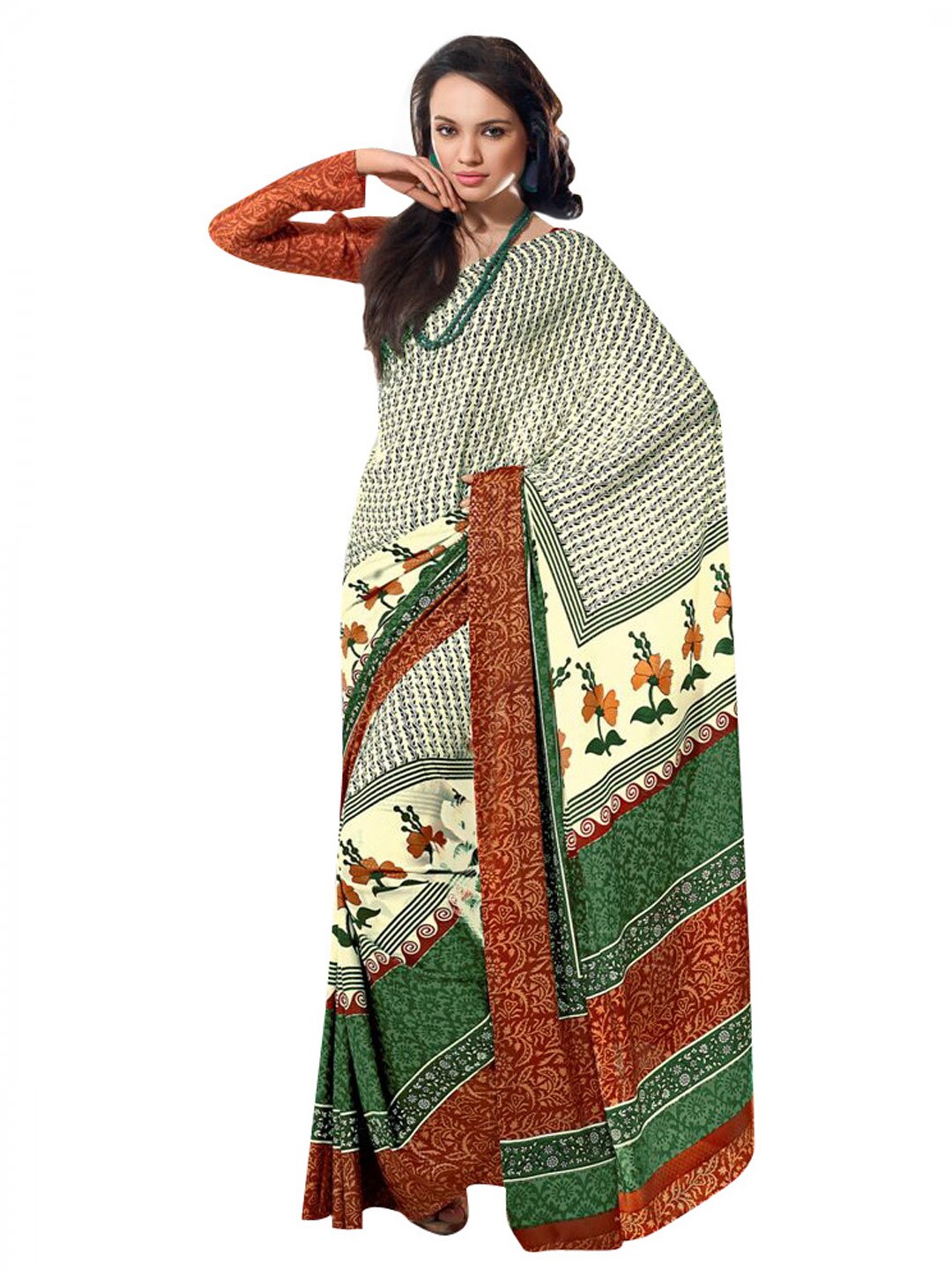 Prafful Green & Cream Printed Sari