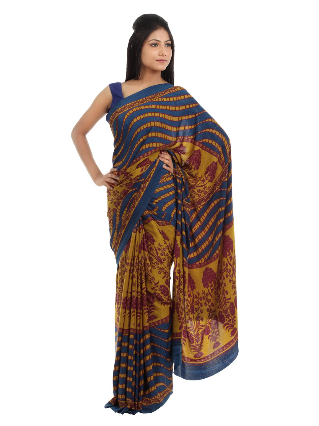 Prafful Mustard & Maroon Crepe Printed Sari