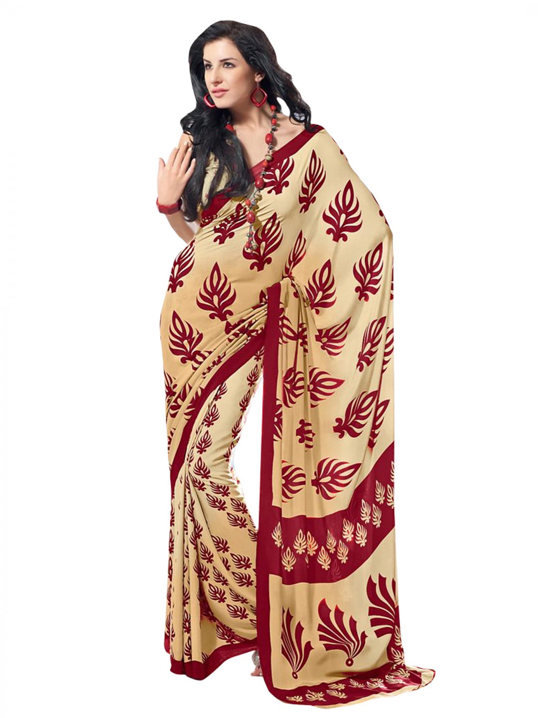 Prafful Beige & Maroon Printed Sari