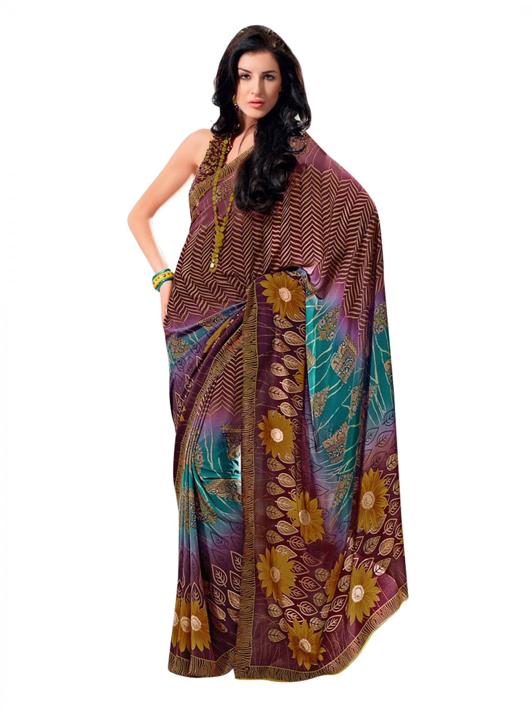 Prafful Purple & Blue Printed Sari