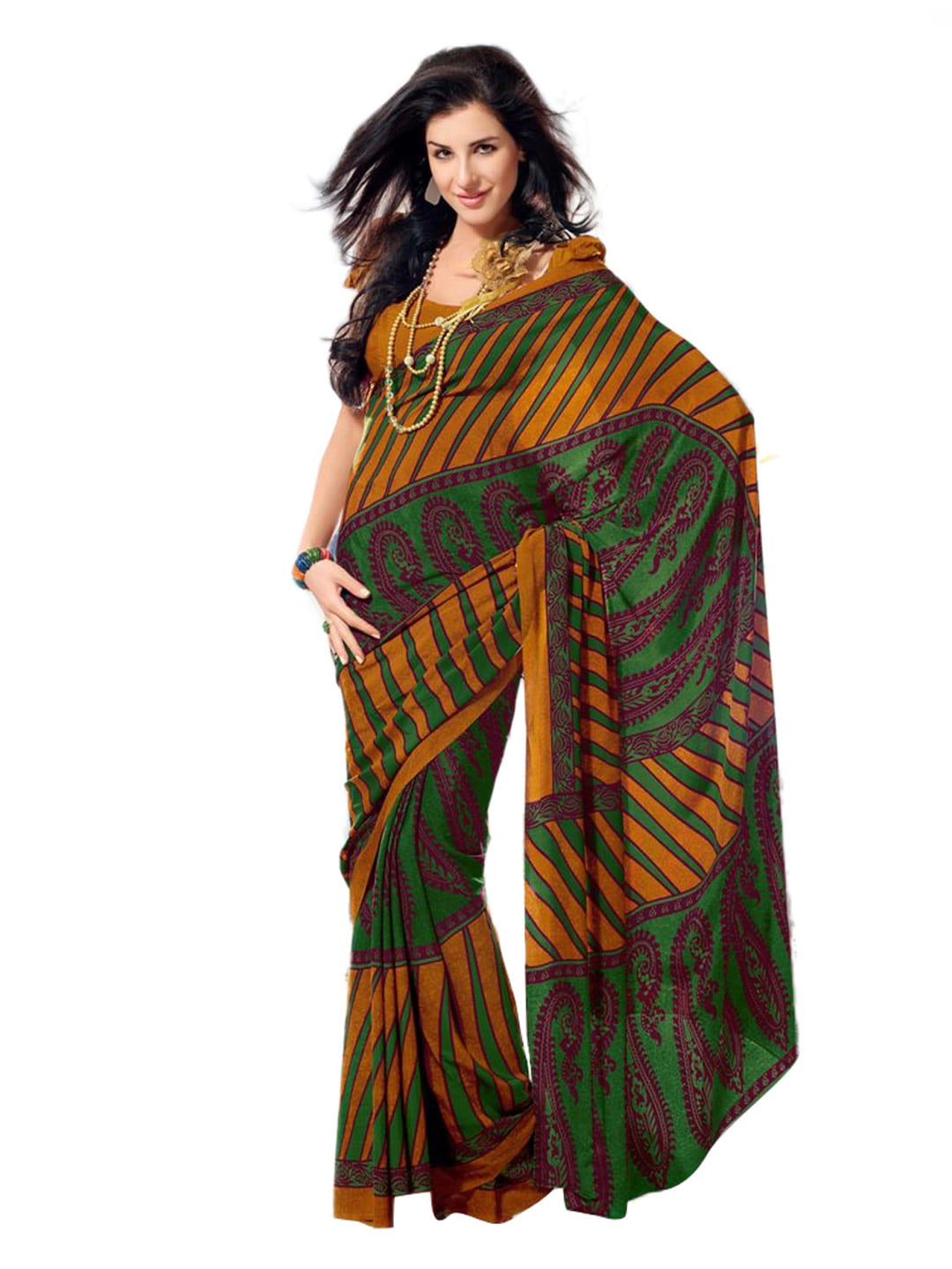 Prafful Mustard & Green Printed Sari