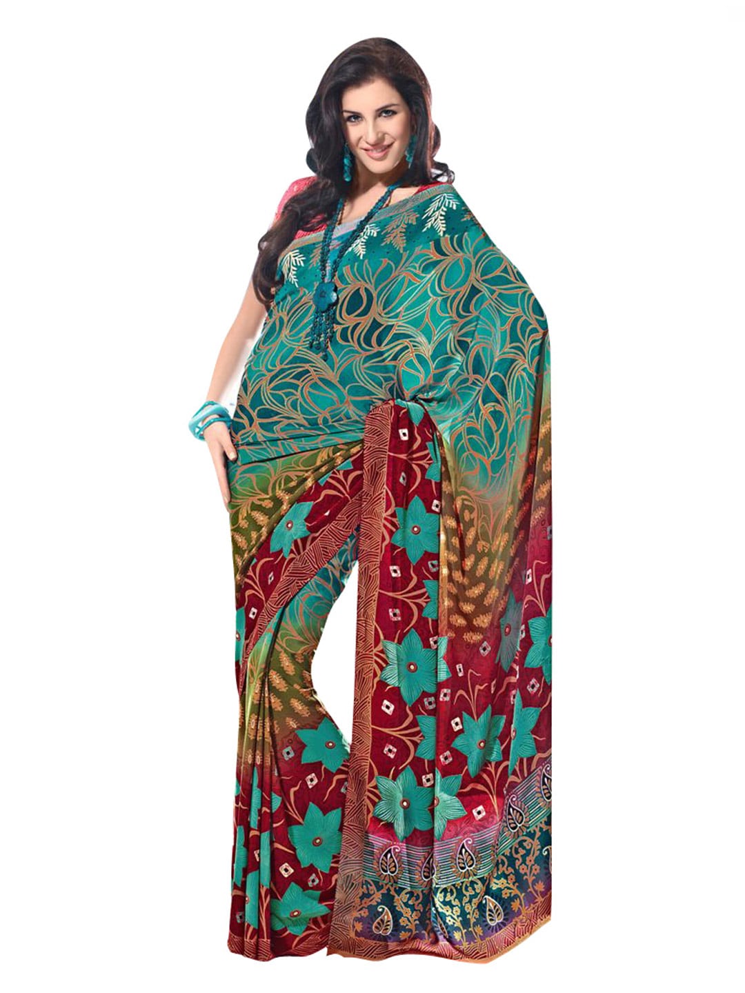 Prafful Blue and Maroon Crepe Printed Sari