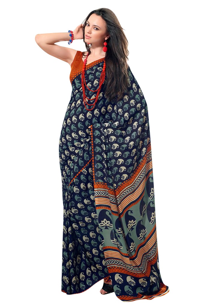 Prafful Navy Blue Crepe Printed Sari