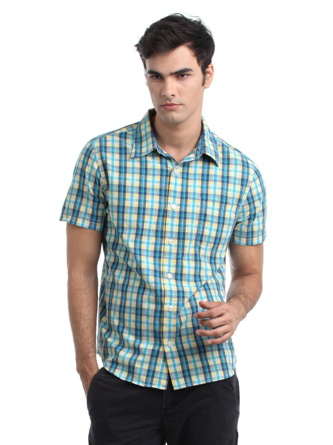 Myntra Men Blue and Yellow Check Shirt