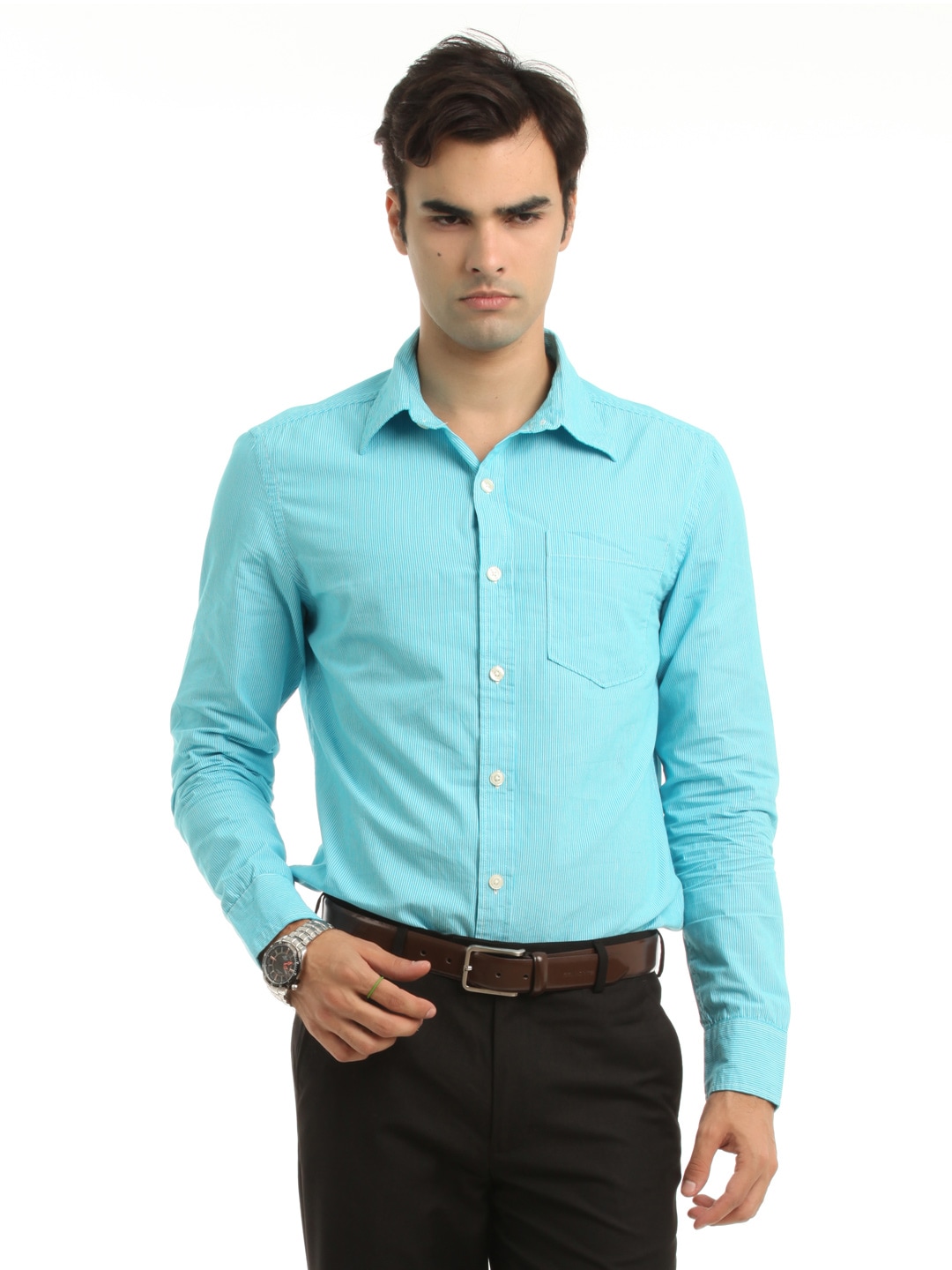 Myntra Men Turquoise Blue Striped Shirt