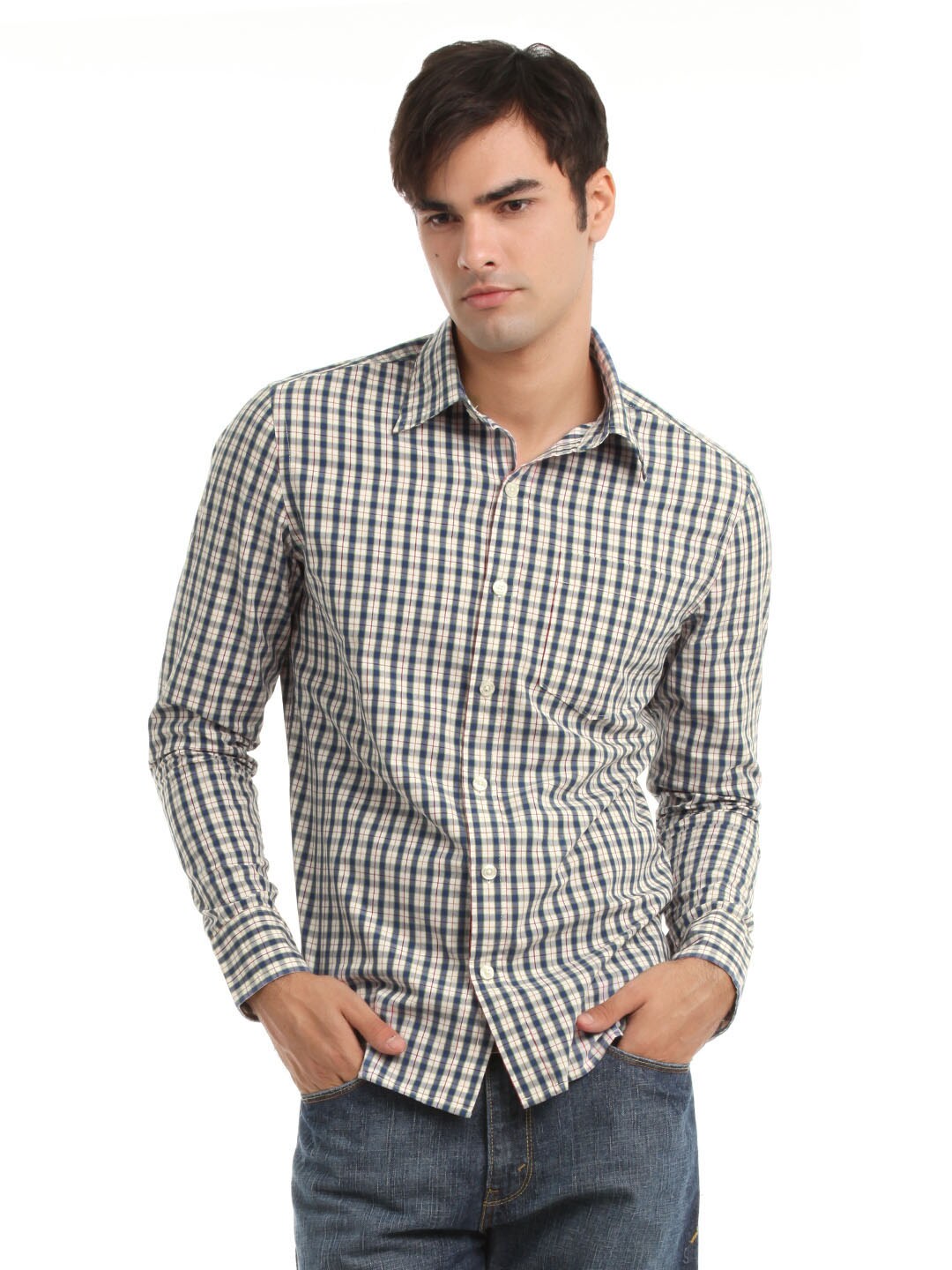 Myntra Men White and Navy Blue Check Shirt