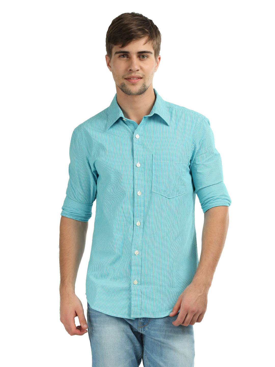 Myntra Men Turquoise Blue Striped Shirt