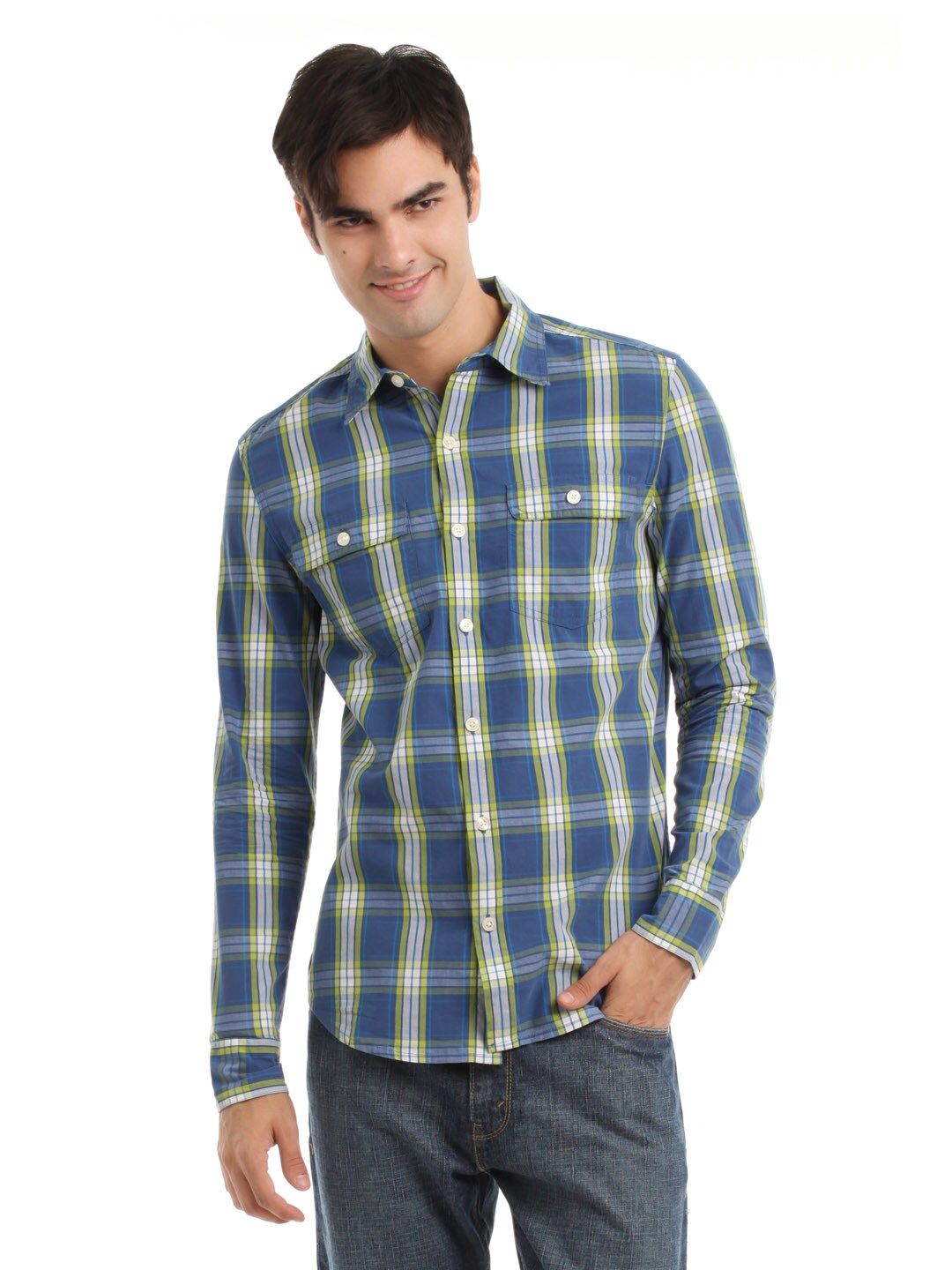 Myntra Men Blue and Green  Check Shirt