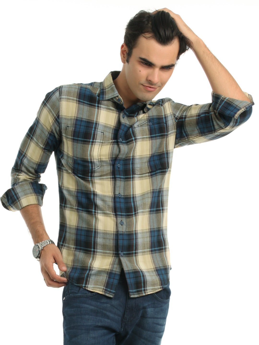 Denizen Men Beige & Blue Check Shirt