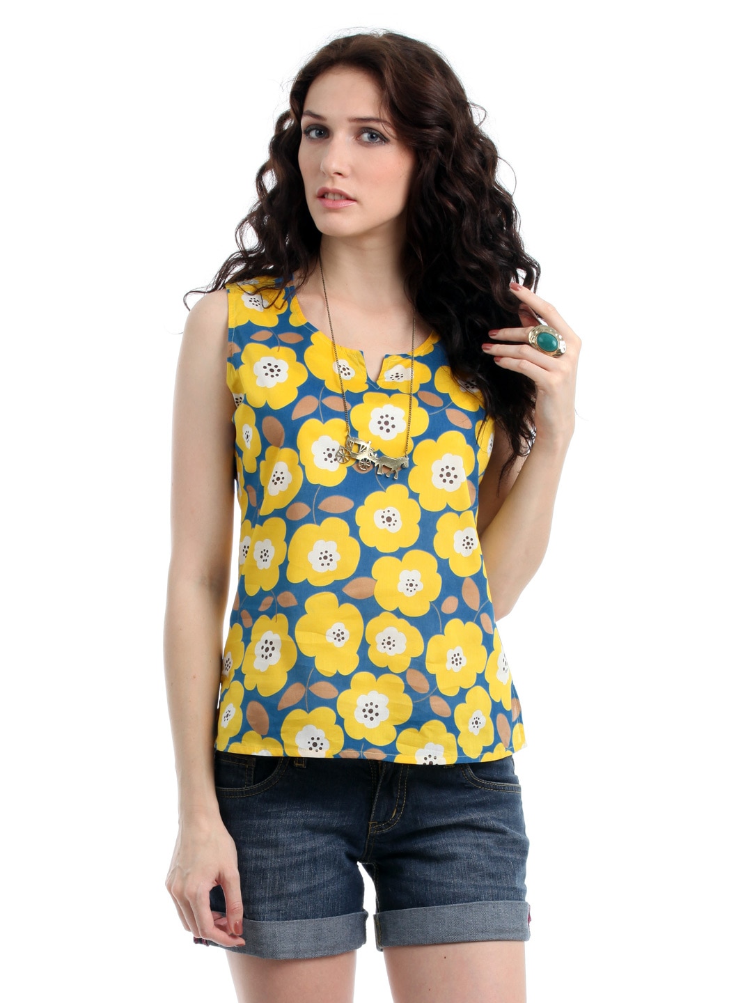 Myntra Women Blue and Yellow Printed Top