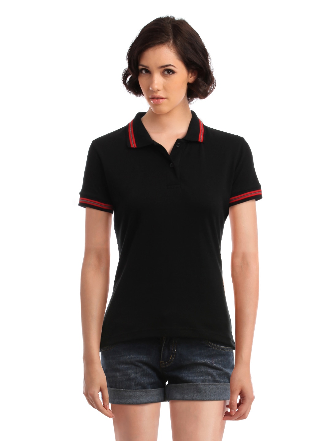 Femella Women Black Polo T-Shirt