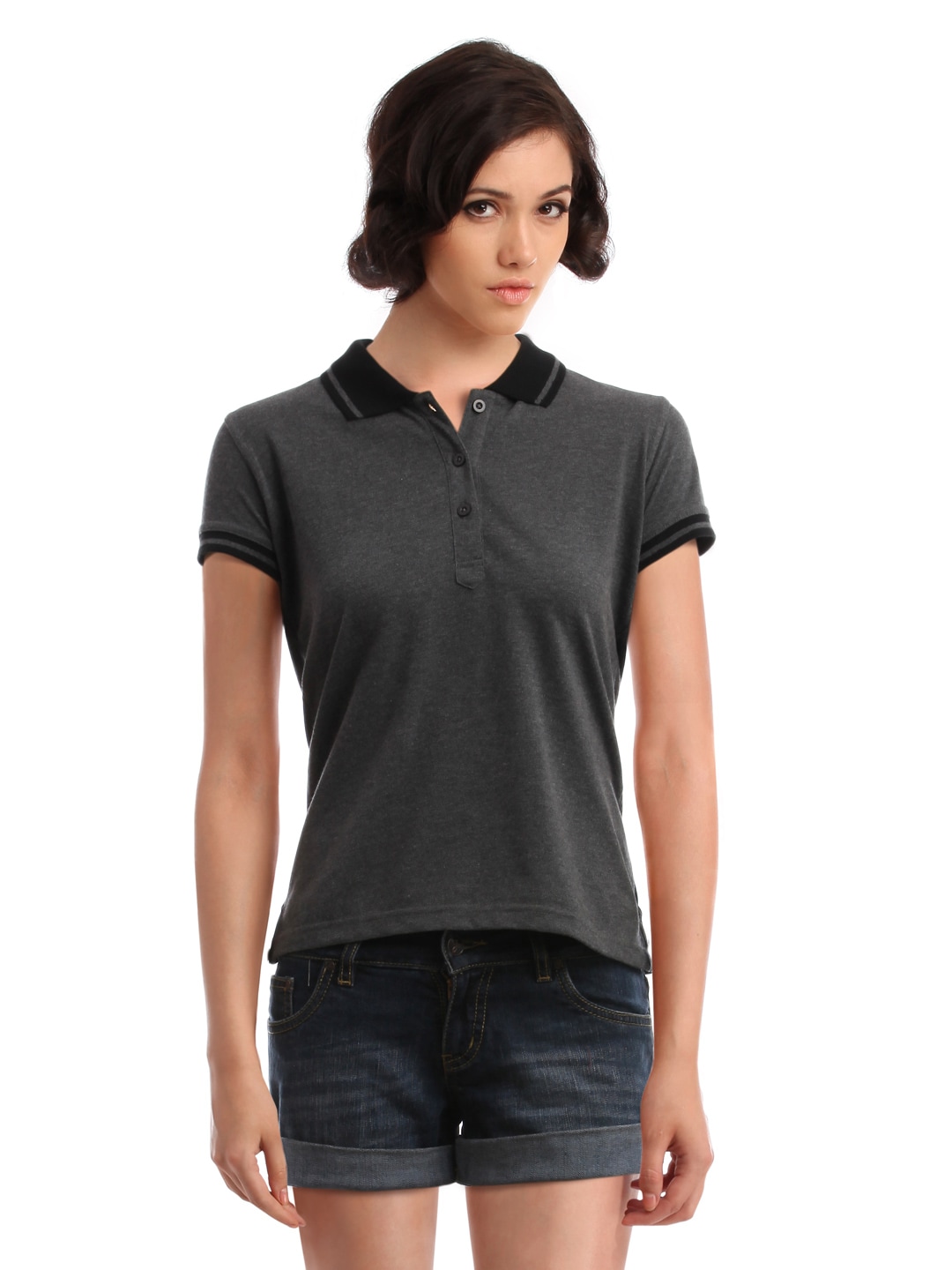 Femella Women Charcoal Grey Polo T-Shirt