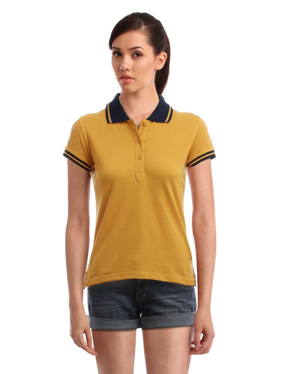 Femella Women Mustard Polo T-Shirt