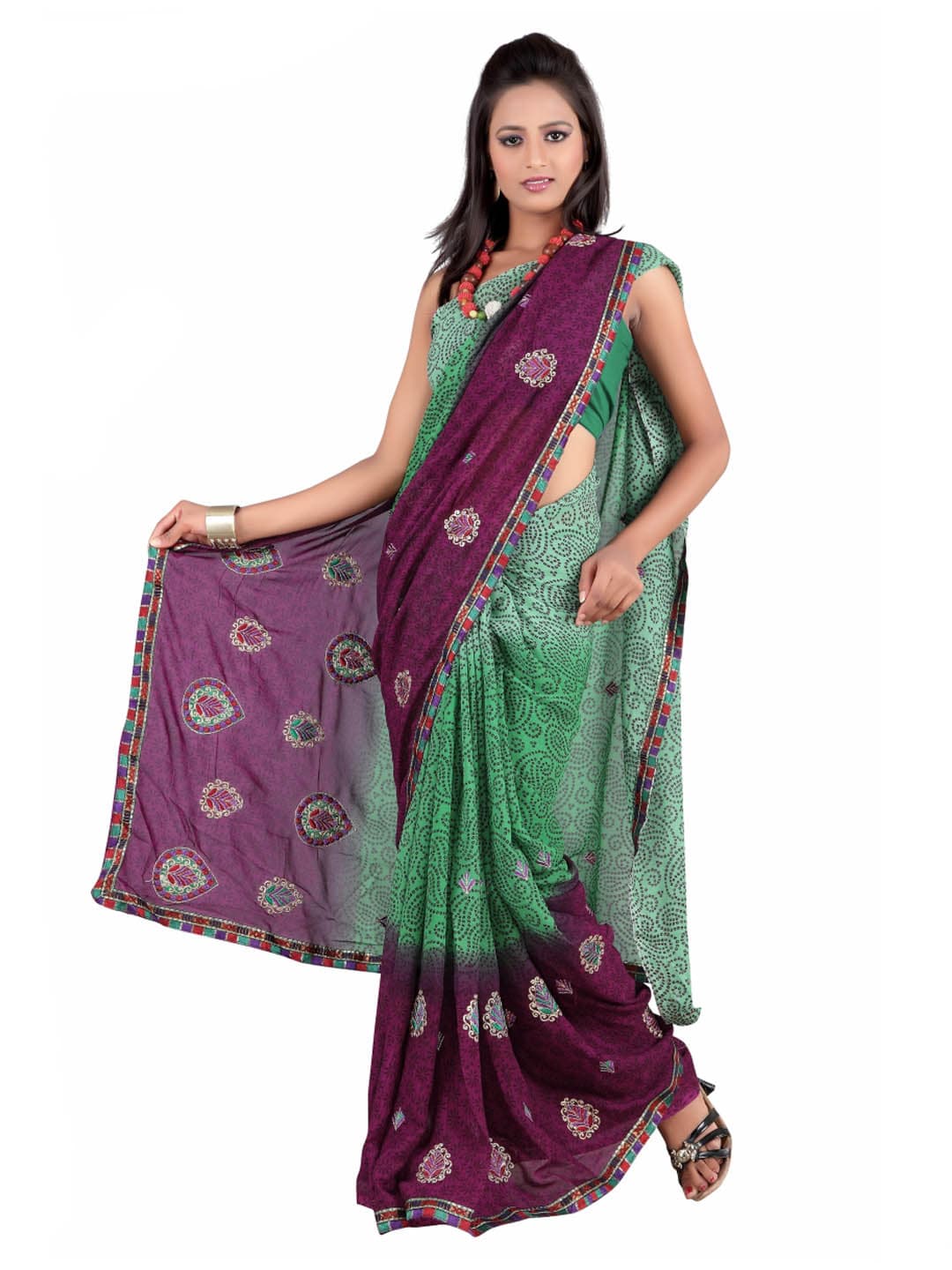 FNF Green Printed Sari