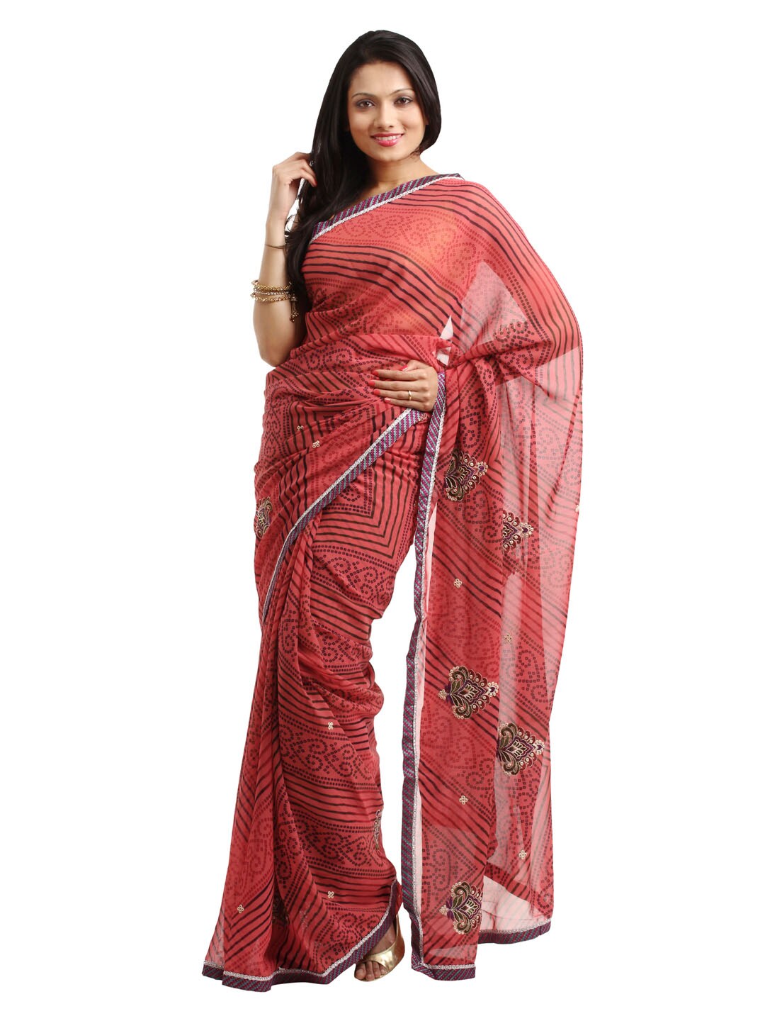 FNF Red Printed Sari