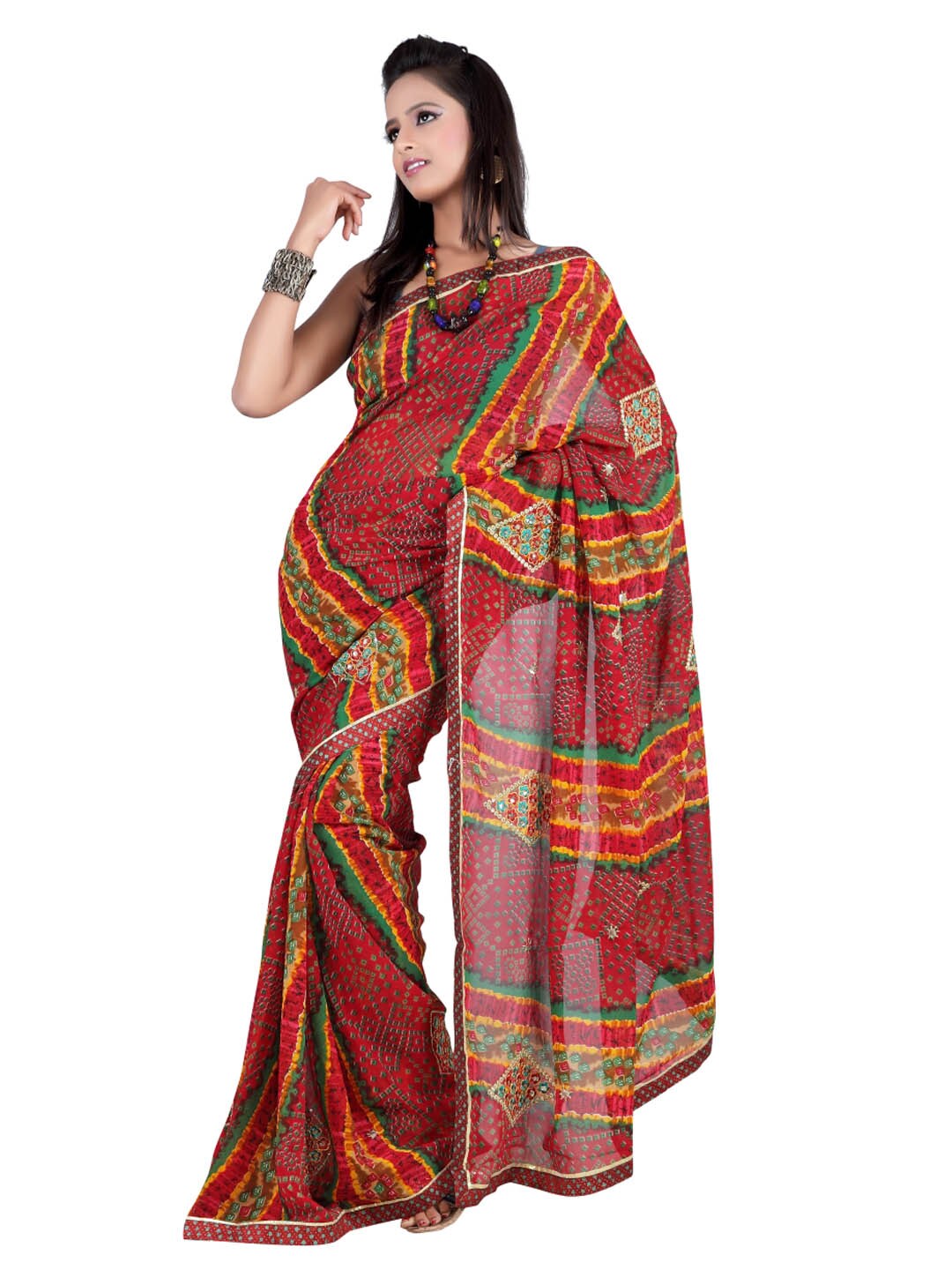 FNF Red Printed Sari