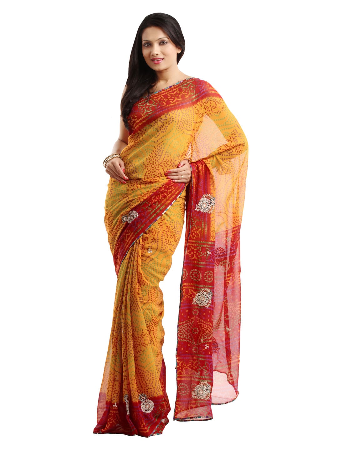 FNF Yellow and Red Printed Bandhani Sari