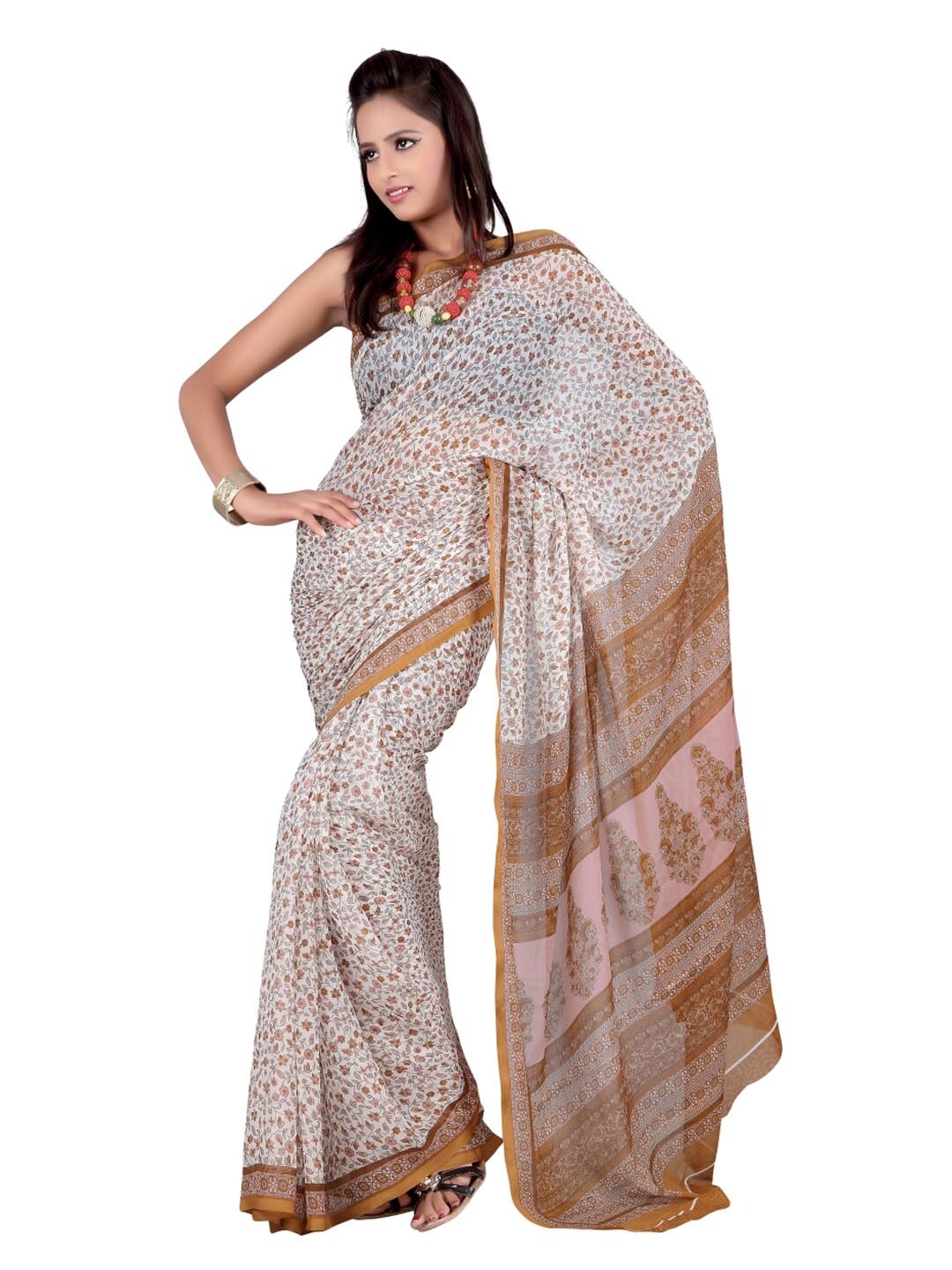 FNF White Printed Sari