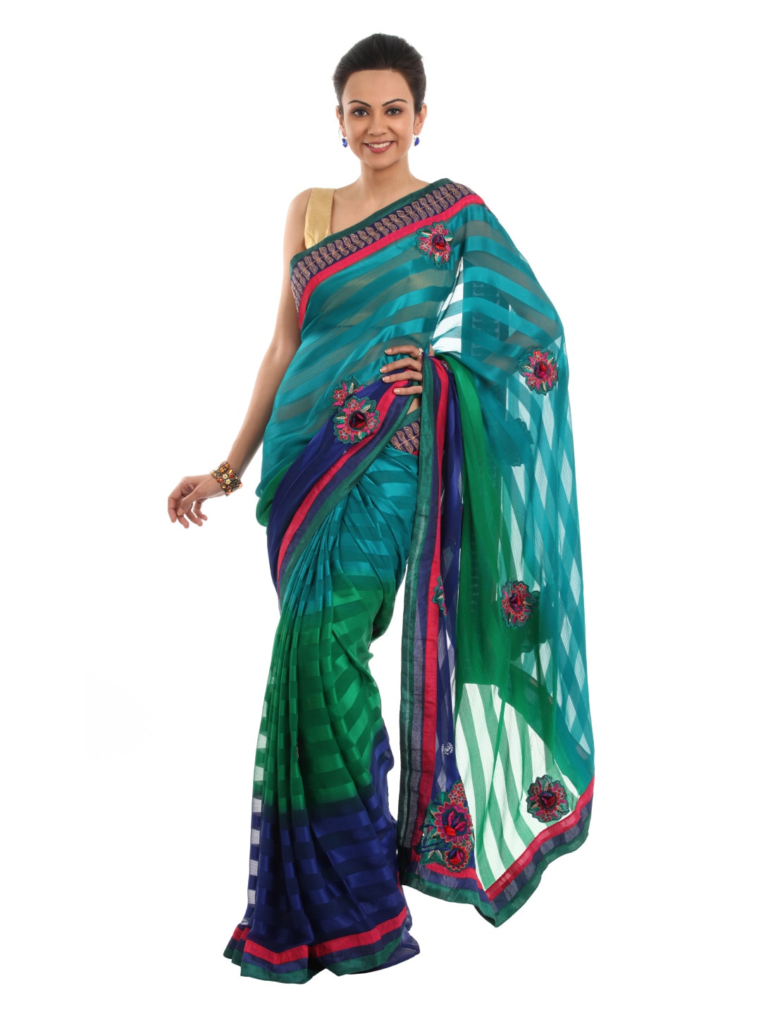 FNF Green & Blue Printed Sari
