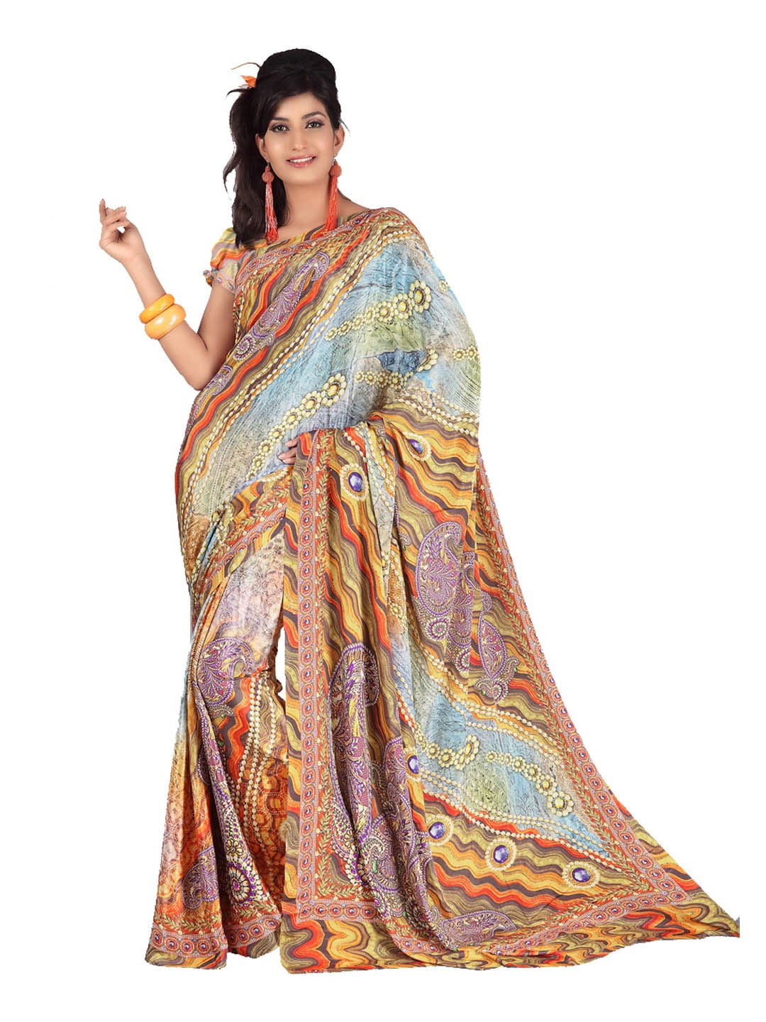 FNF Multi Coloured Printed Sari