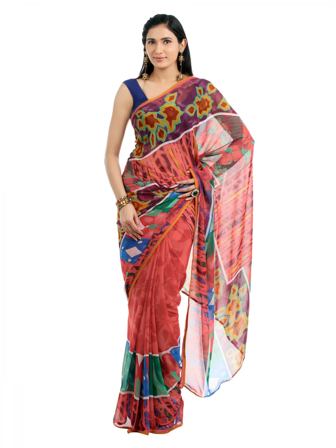 FNF Red Printed Sari