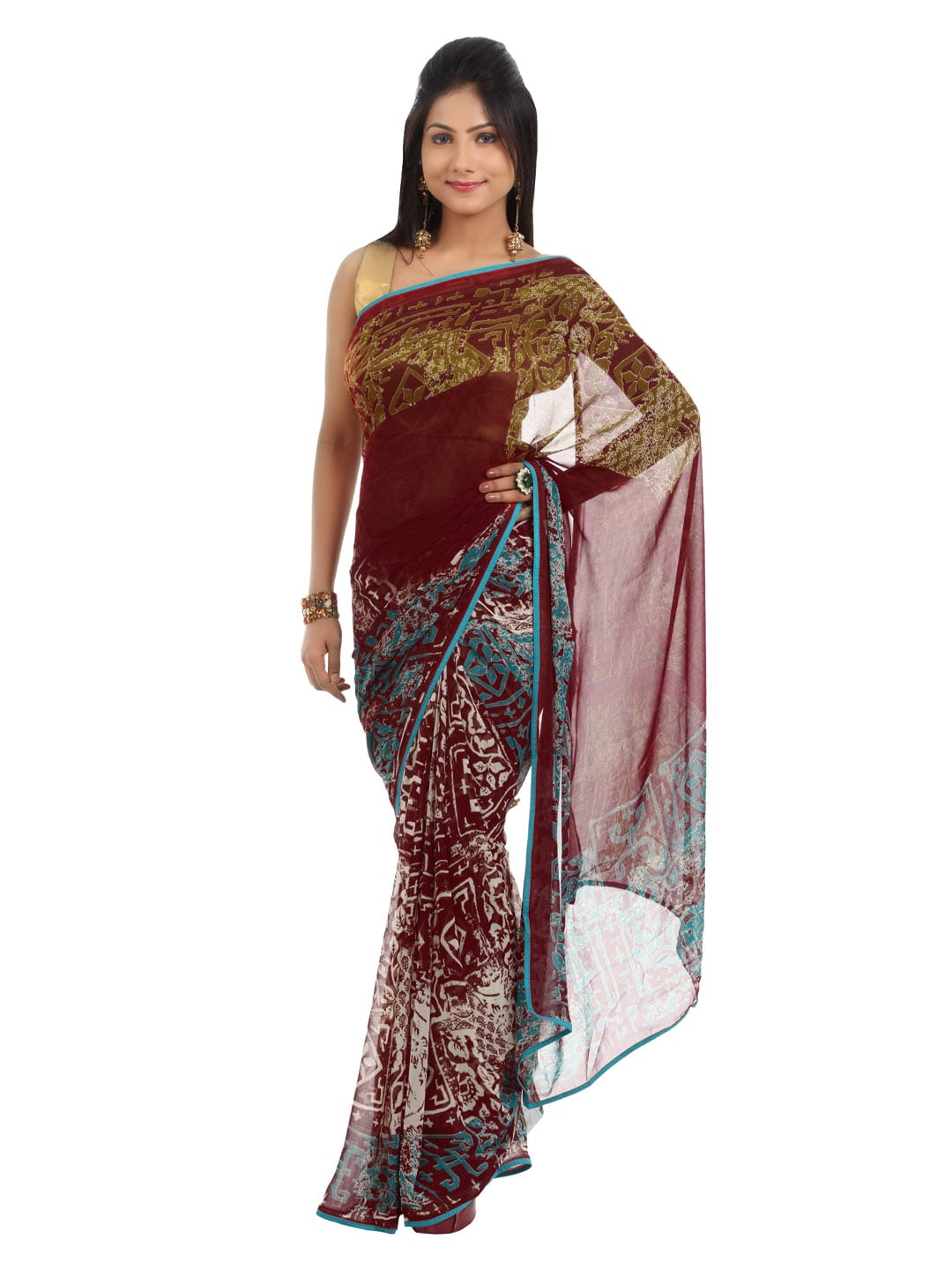 FNF Maroon Printed Sari