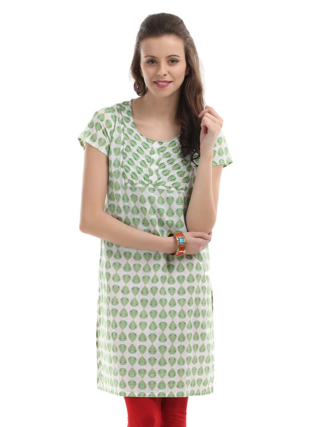 Vishudh Women White and Green Printed Kurta