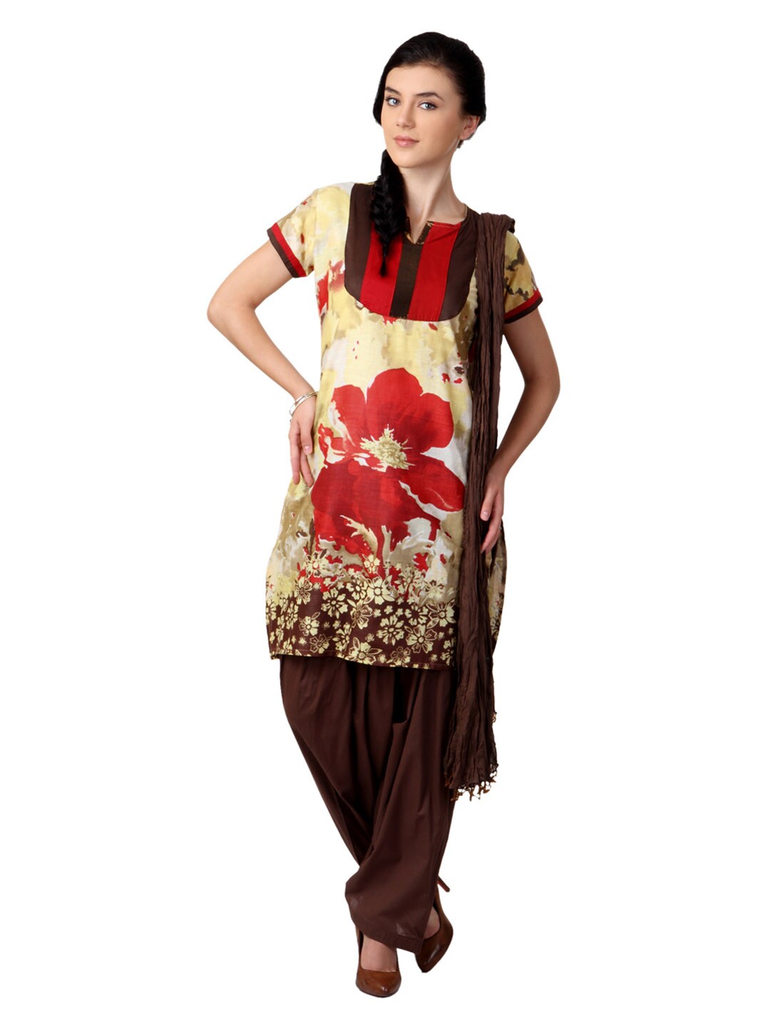 Shree Women Yellow & Brown Printed Salwar Suit with Dupatta