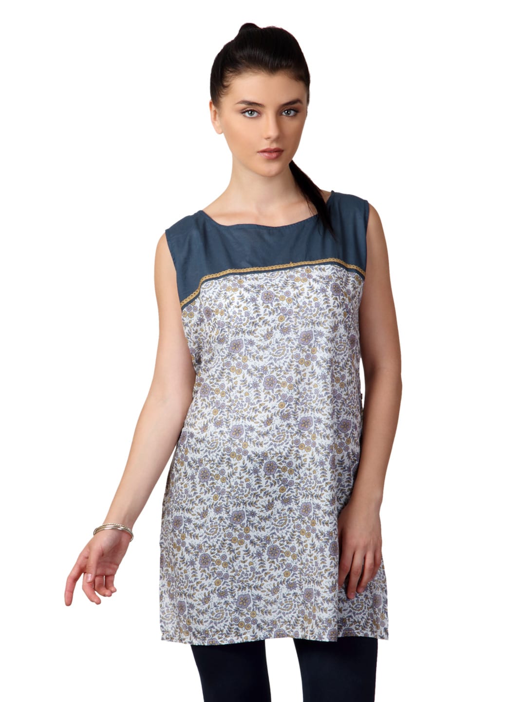 Shree Women Navy Blue and White Printed Kurta