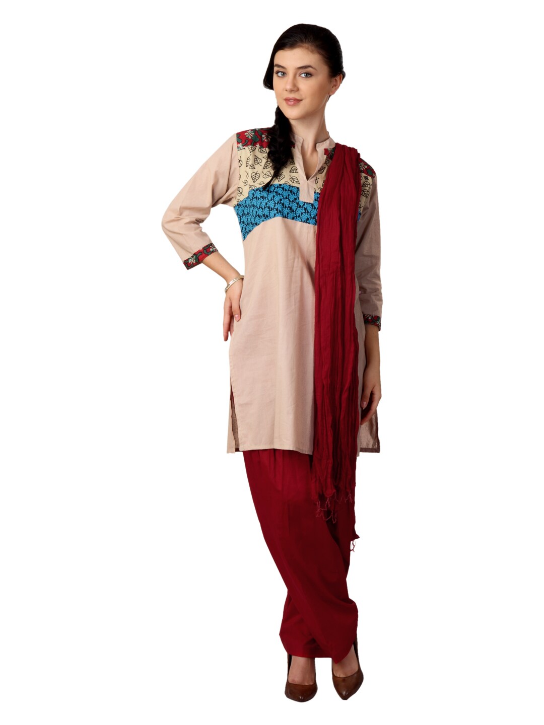 Shree Women Beige and Red Salwar Suit with Dupatta