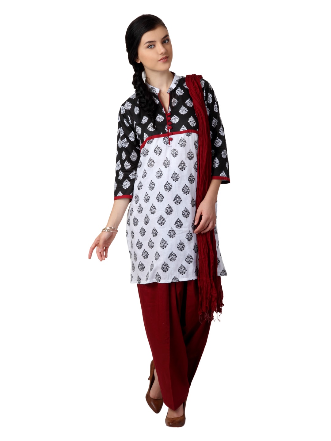 Shree Women Black & White Printed Salwar Suit with Dupatta