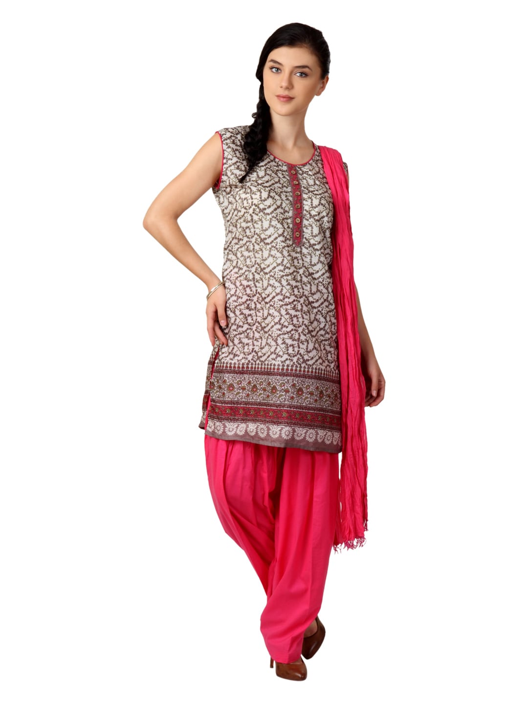 Shree Women Cream-Coloured & Pink Printed Salwar Suit with Dupatta