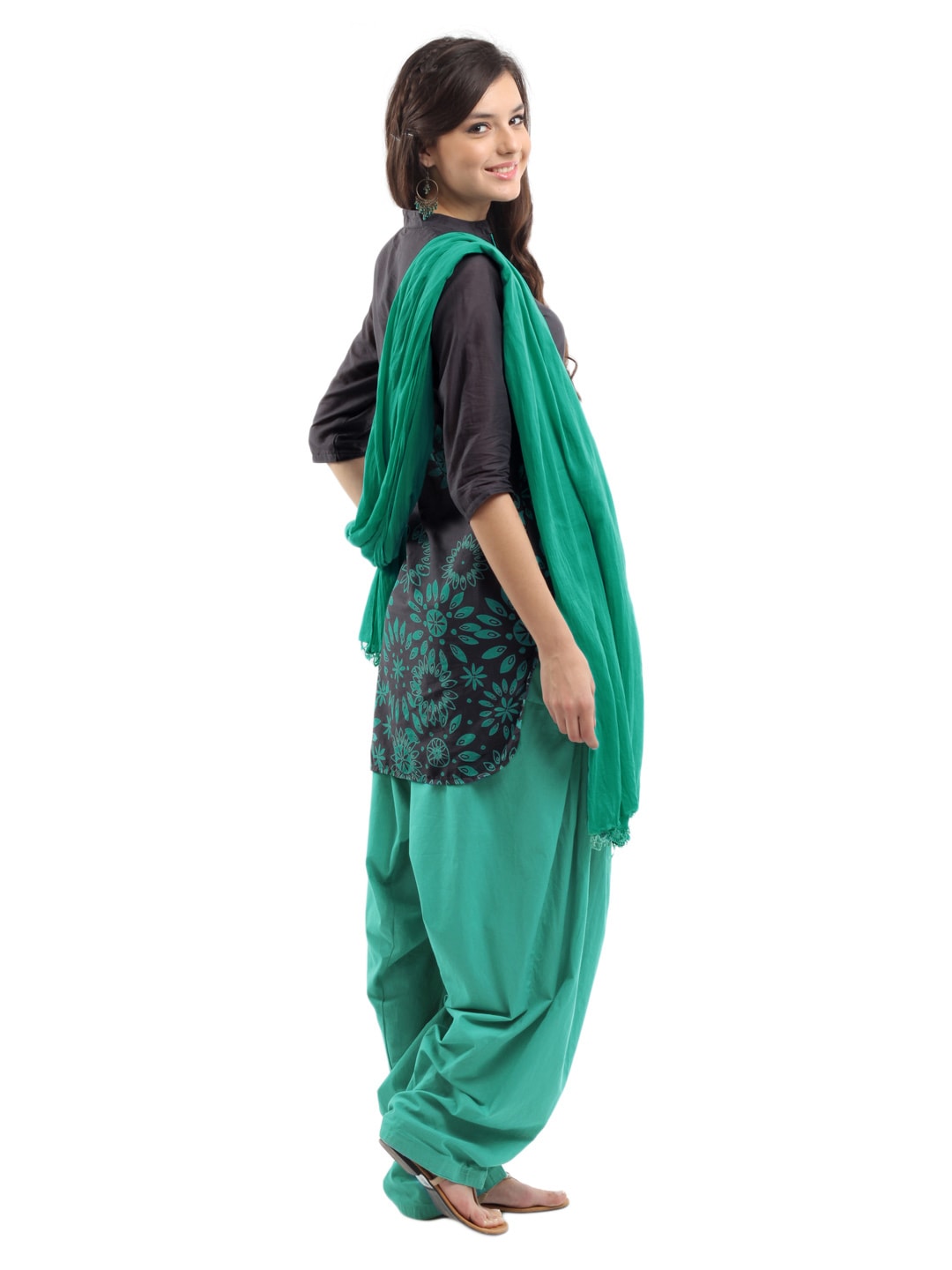 Shree Women Charcoal Grey & Sea Green Printed Salwar Suit with Dupatta
