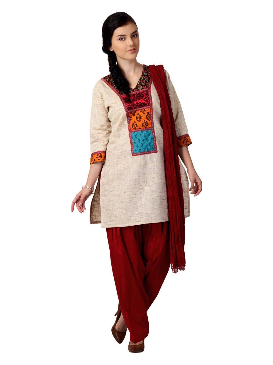Shree Women Beige & Red Salwar Suit with Dupatta