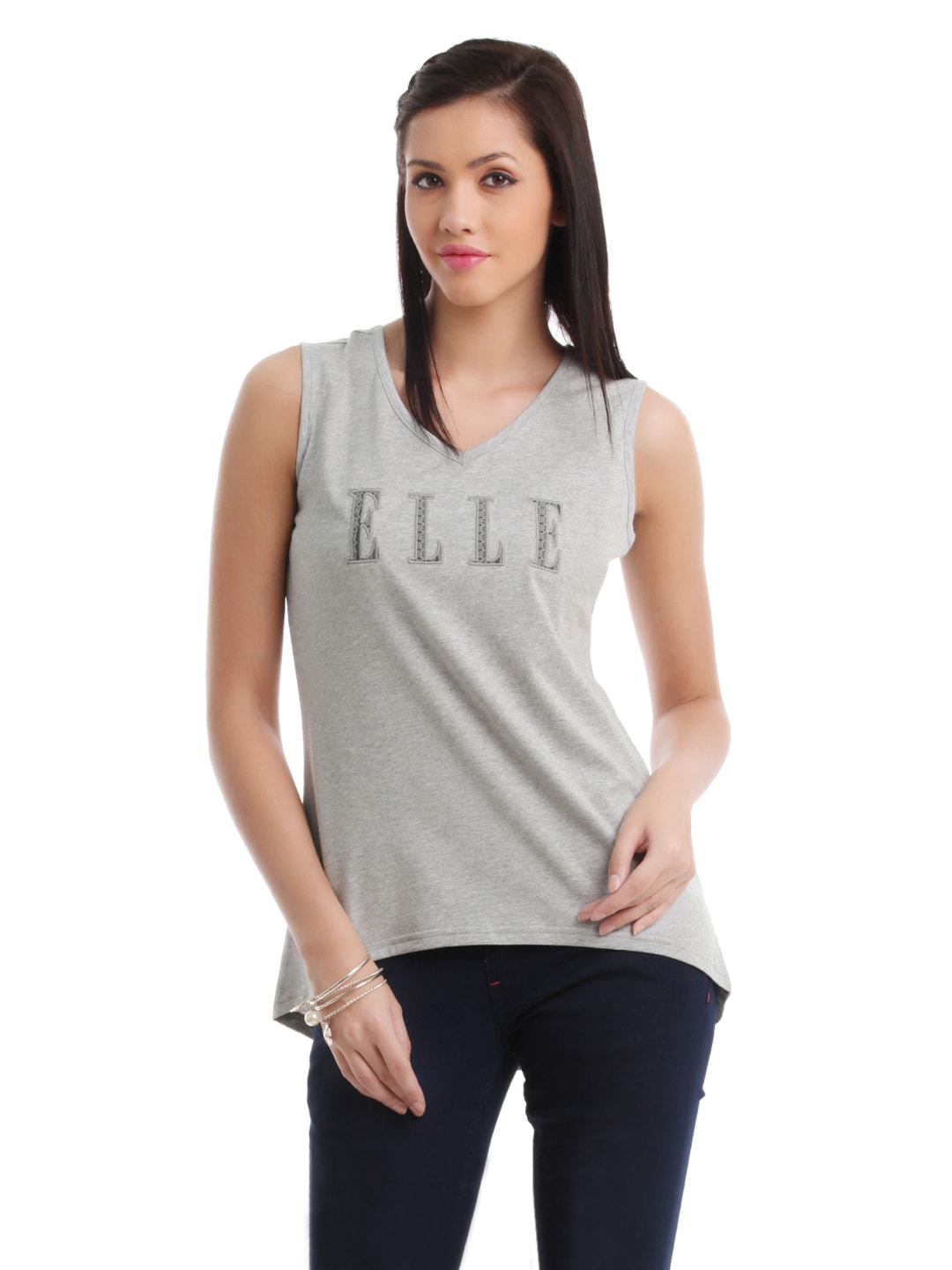 Elle Women Grey Melange T-shirt