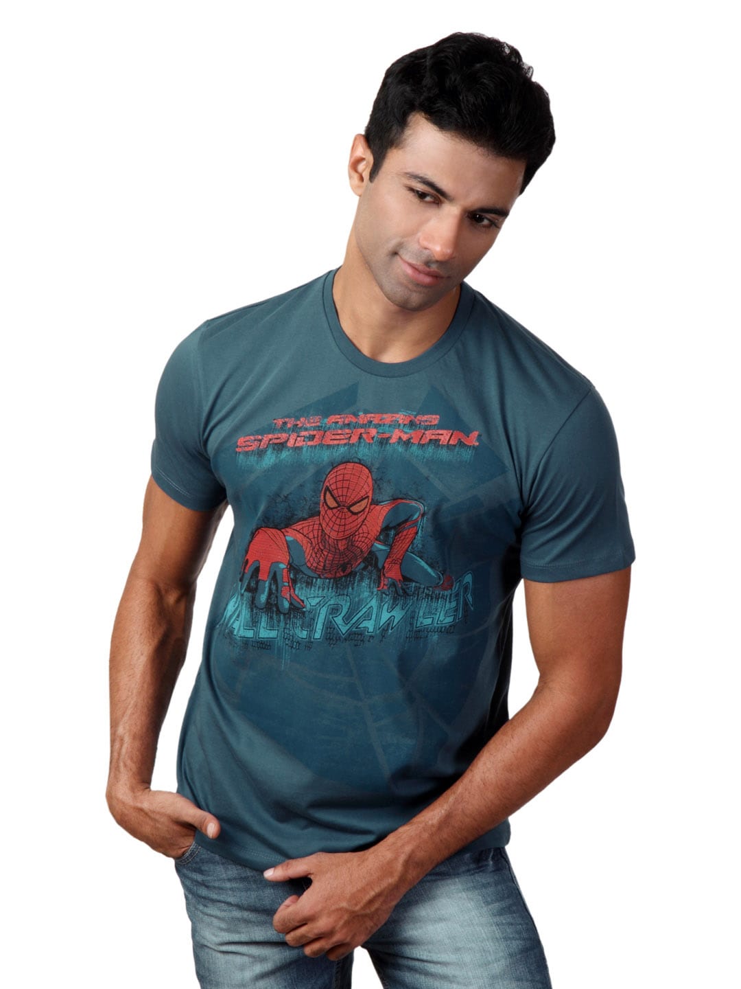 The Amazing Spiderman Men Teal Printed T-shirt