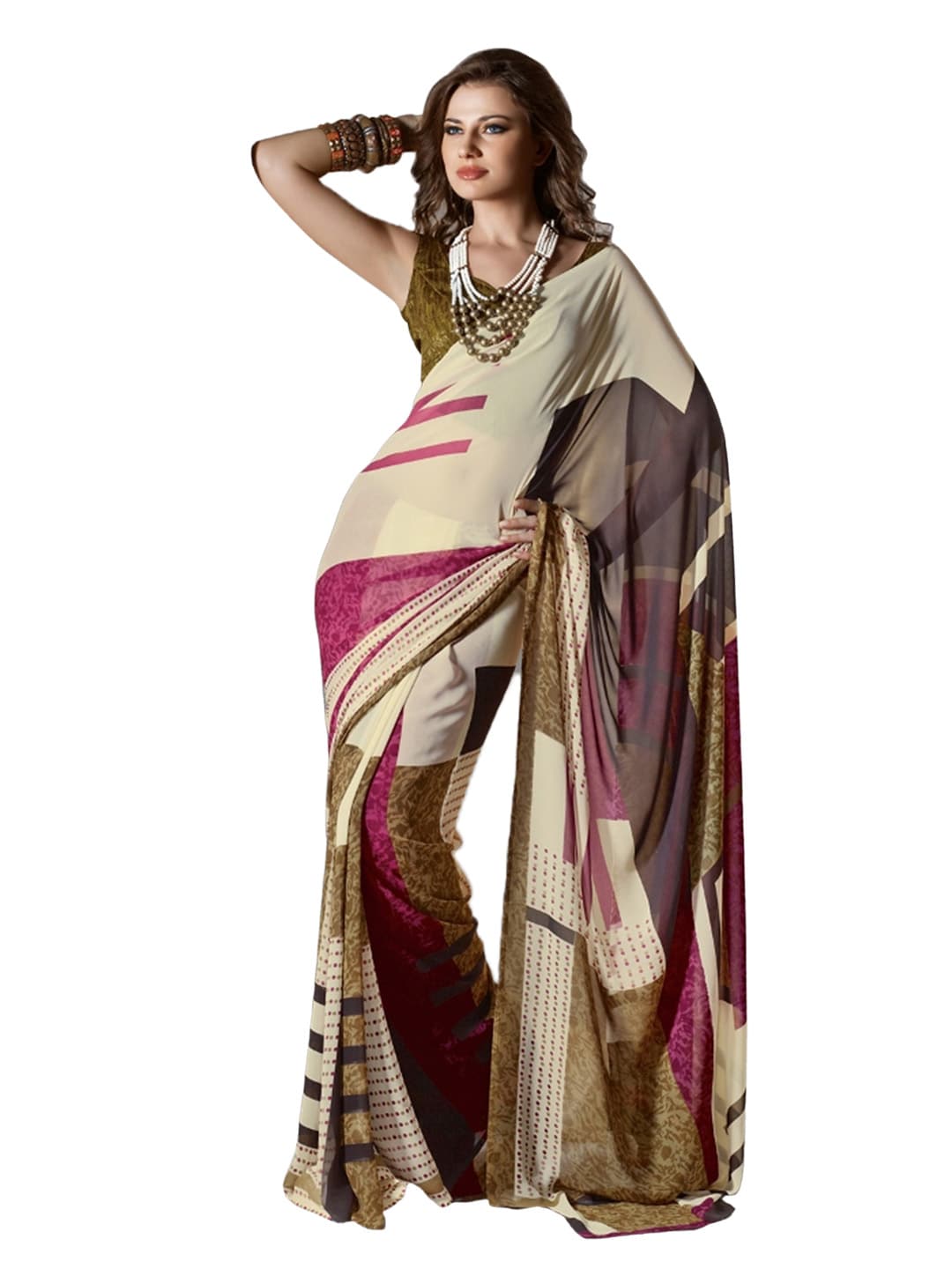 Prafful Beige Printed Sari
