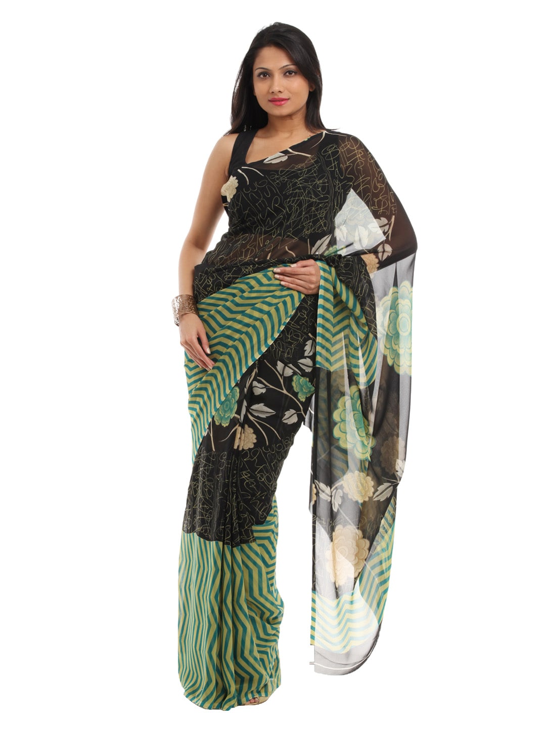 Prafful Women Black & Grren Sari