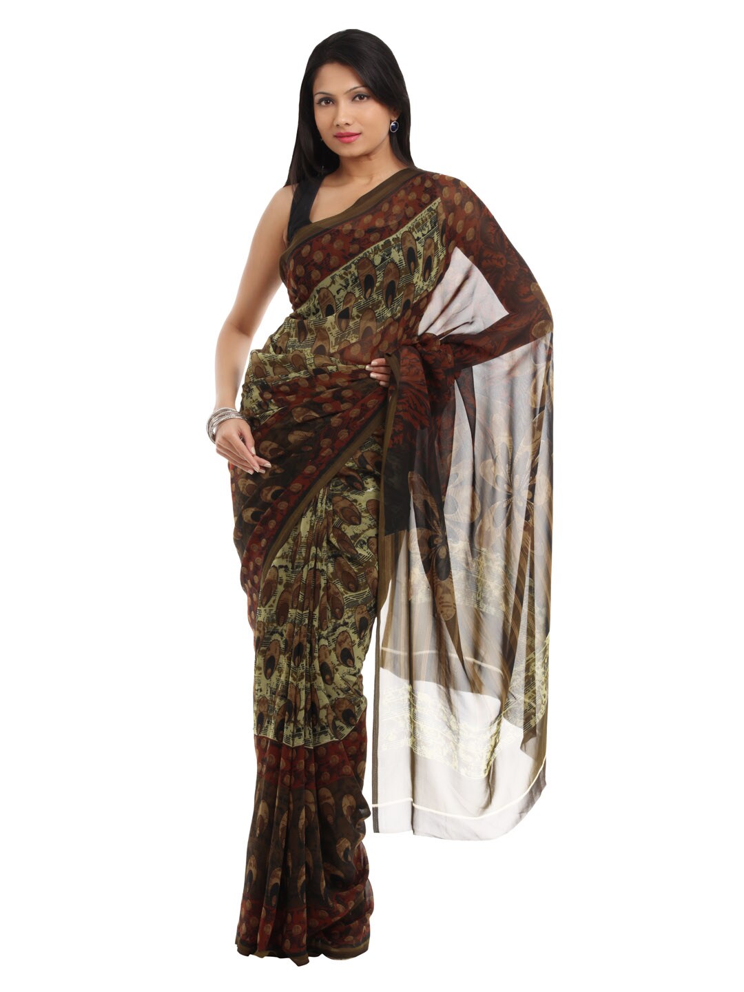 Prafful Brown Printed Sari