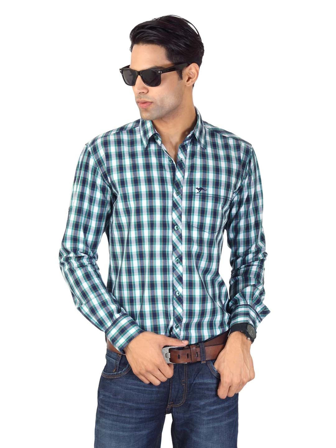 Highlander Men Green & Navy Blue Check Shirt