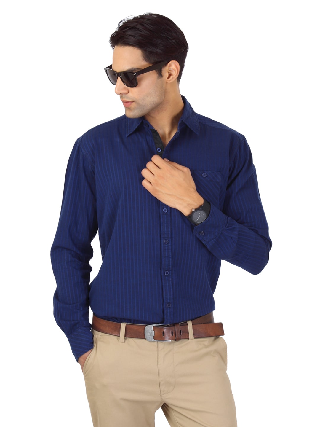 Highlander Men Navy Blue Striped Shirt