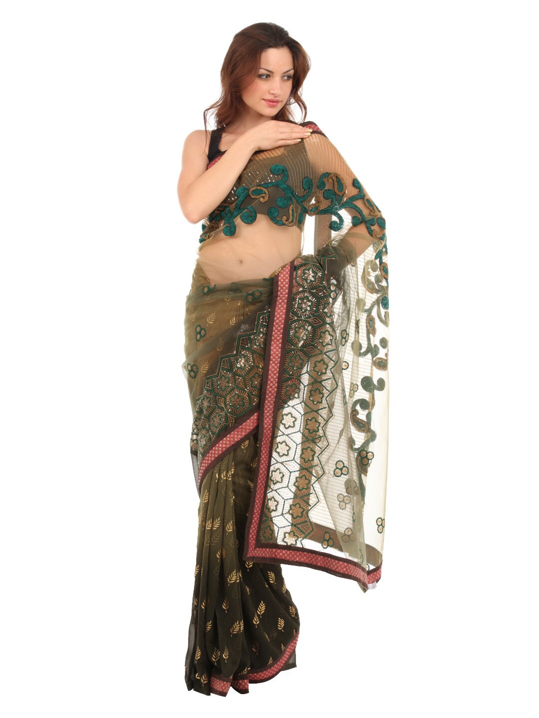 FNF Olive Printed Wedding Collection Sari