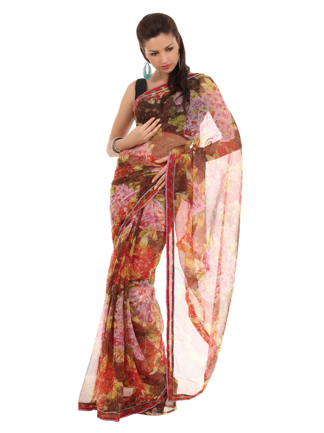 FNF Red Printed Evening Wear Sari